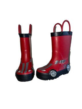 Kids Red Car-Themed Rain Boots With Handles Size 5